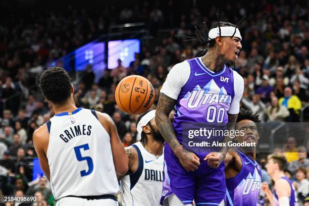 Jordan Clarkson of the Utah Jazz celebrates a basket during the second half of a game against the Dallas Mavericks at Delta Center on November 14,...