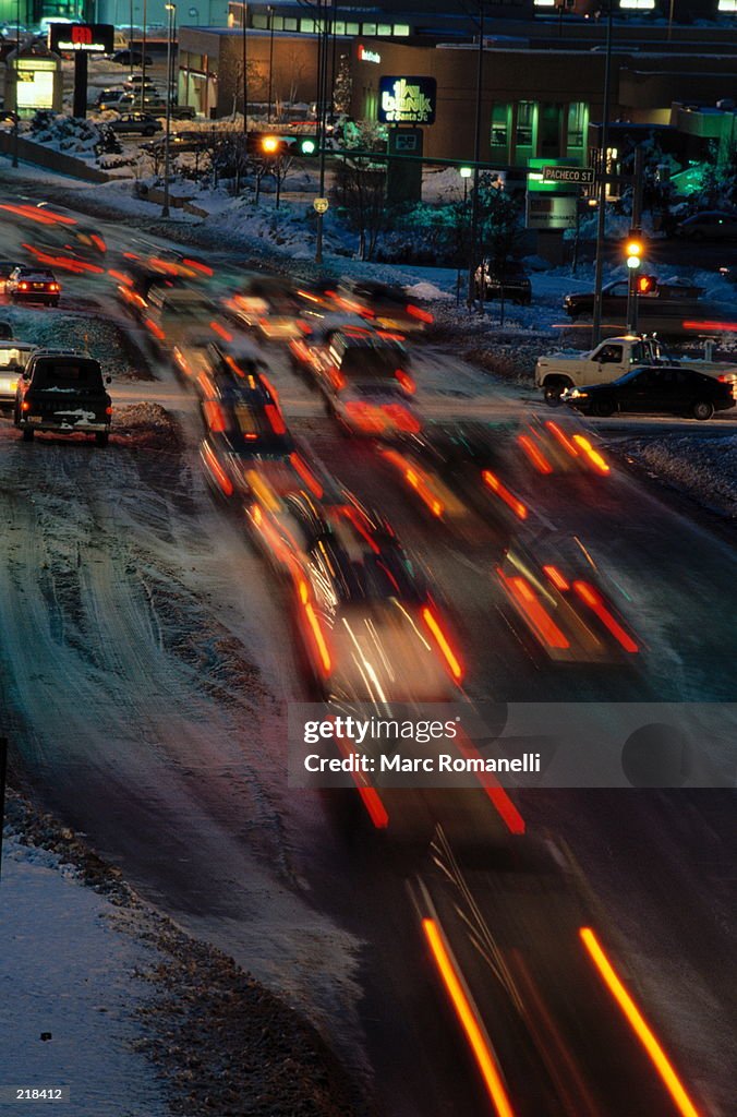 NIGHT TRAFFIC IN SANTA FE, NEW MEXICO IN BLUR MOTION.