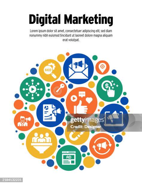 vektorillustration im zusammenhang mit digitalem marketing. geschäft, analyse, innovation, publikum, führung - digitales marketing stock-grafiken, -clipart, -cartoons und -symbole