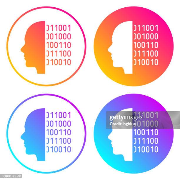 human face with binary code. round icons with color gradients - binary code face stock illustrations