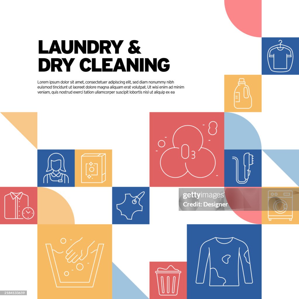Laundry and Dry Cleaning Related Vector Illustration. Service, Clean, Clothes, Textile, Garment, Ironing, Washing