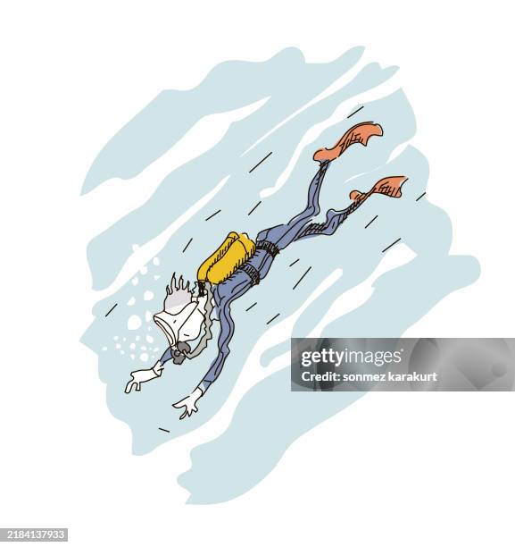 diver dives deep - wetsuit stock illustrations
