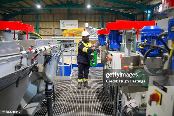 Staff member of Cornish Lithium at work in the company's new Lithium Hydroxide Demonstration Plant on November 11, 2024 in St Austell, Cornwall,...