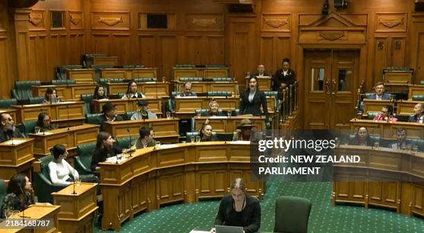 This frame grab taken from a New Zealand Parliament TV feed dated November 14, 2024 and released via AFPTV on November 15 shows Maori lawmaker...