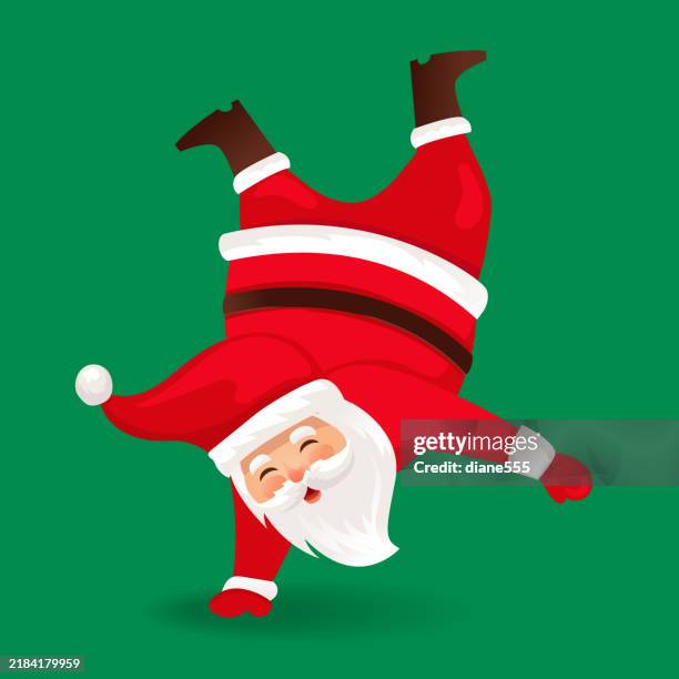 cute santa doing a handstand on a green background - handstand stock illustrations