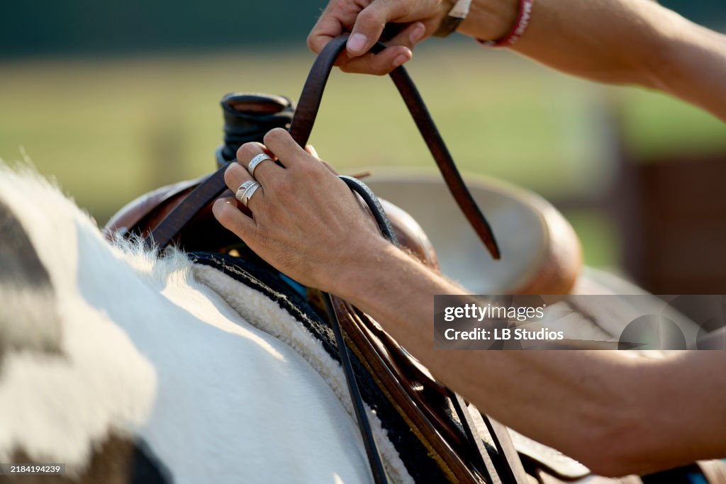 Close-up of hands adjusting a leather saddle on a horse's back