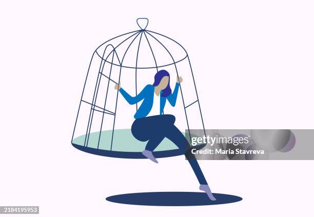 ilustrações de stock, clip art, desenhos animados e ícones de courage and fear. person open cage and overcome fear, doubt, to escape comfort zone. psychological concept of freedom and risk. - fobia