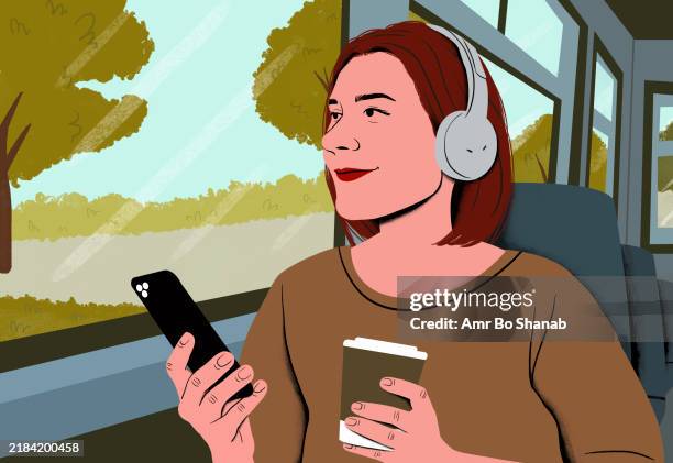 smiling woman with headphones using smartphone while holding a coffee cup on a bus - bus window stock illustrations