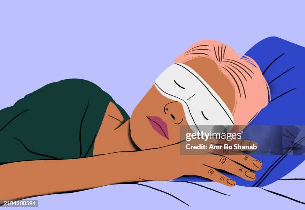 woman sleeping peacefully with an eye mask on a blue pillow - sleep illustration stock illustrations