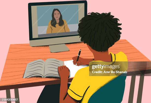 a person takes notes from a video lesson with a female instructor on the computer screen, emphasizing online learning - computer monitor illustration stock illustrations