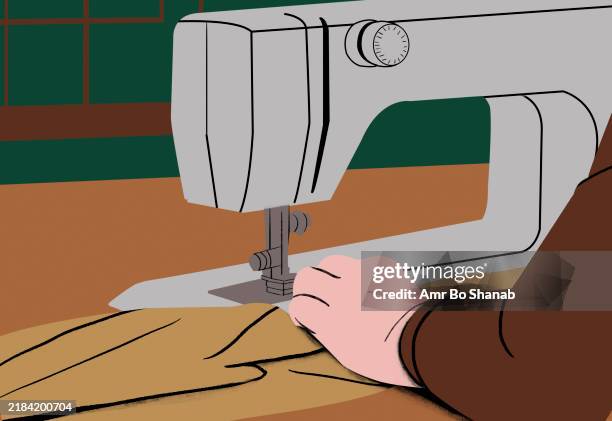 close-up of a sewing machine stitching brown fabric, focusing on the needle and operator's hands - tailoring stock illustrations