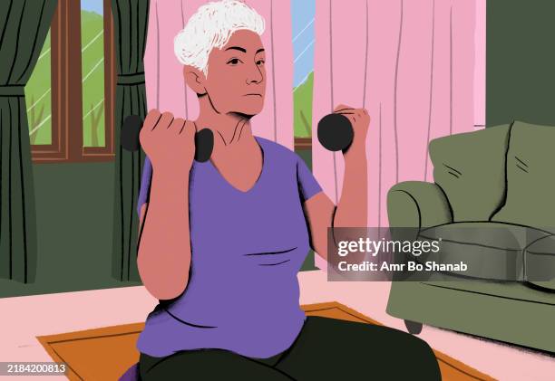 senior woman exercises with dumbbells at home, sitting in a purple top with natural light from the window - home workout stock illustrations