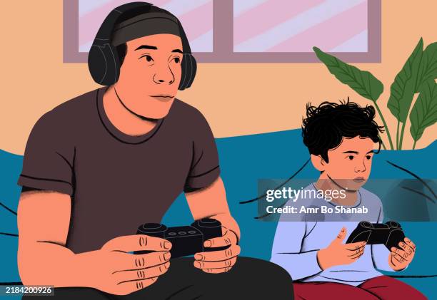 two people playing video games with focused expressions in a cozy room setting - gamer room stock illustrations