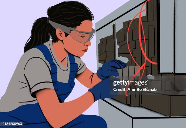 electrician working on a circuit breaker panel with tools - electrician fuse box stock illustrations