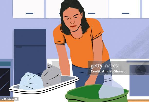 woman folding laundry in a bright room with a bottle of detergent and a green laundry basket - clean organized home stock illustrations