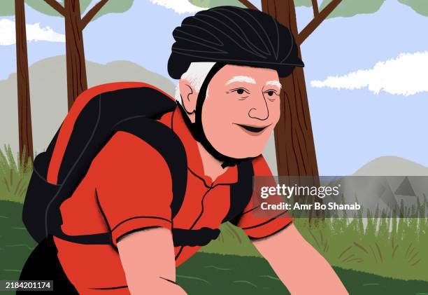 senior man wearing a helmet and a backpack enjoys mountain biking through a forested landscape - senior exercise stock illustrations