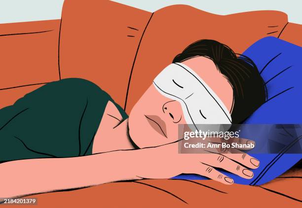 woman sleeping peacefully on a couch with a sleeping mask on - sleep illustration stock illustrations