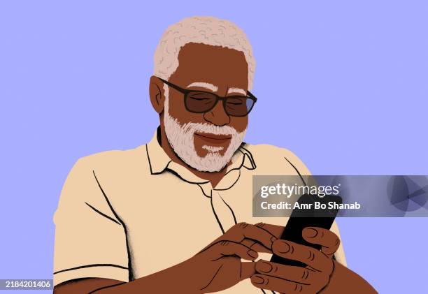 elderly man with glasses smiling while using a smartphone against a purple background - happy man purple background stock illustrations