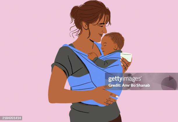 a smiling woman lovingly cradles a sleeping infant in a blue baby carrier against a pink background - mother baby stock illustrations