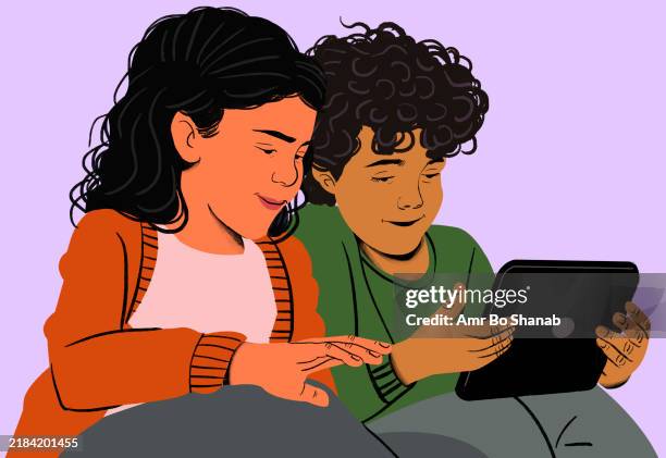 two children engrossed in a tablet screen while sitting together - child tablet stock illustrations