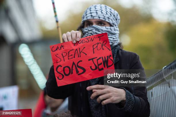 University students join a counter protest against pro-Israel lobby group the Campaign Against Antisemitism at SOAS University on November 11, 2024...