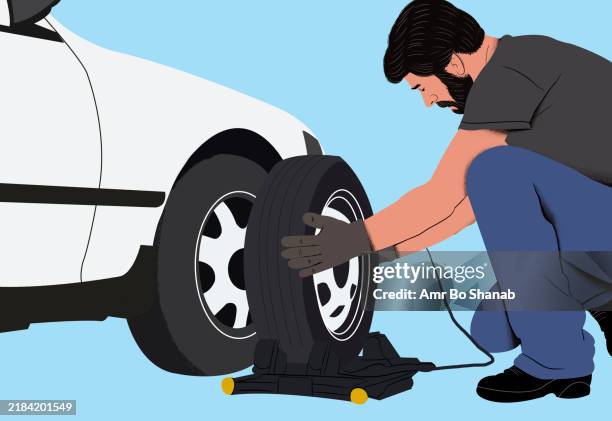 man changing a tire on a white car - broken down car stock illustrations