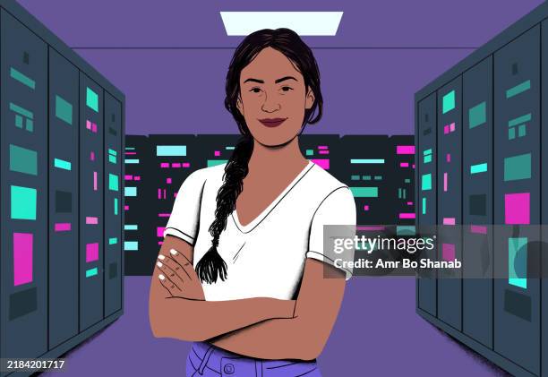 confident woman with a braid standing in a data center with servers and glowing lights in the background - storage facility stock illustrations