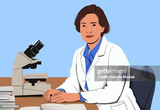 scientist in a lab coat seated at a desk with a microscope and documents - scientist stock illustrations
