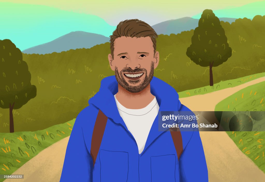 Smiling bearded man in a blue jacket enjoying a hike on a scenic trail with greenery and mountains in the background