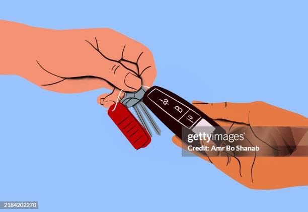 hand passing car keys with a remote and red keychain to another person?s open hand against a blue background - keyring stock illustrations