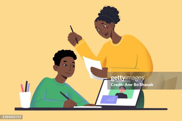 a smiling woman guides a young boy doing schoolwork with a laptop open in front of them on a beige background - parent teacher stock illustrations