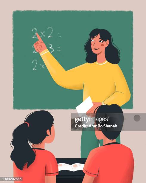 illustrated teacher explaining lesson to two attentive students in front of a chalkboard - blackboard visual aid stock illustrations