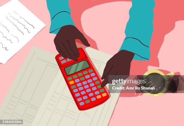 hands using a red calculator over financial documents with a cup of coffee and notes on the side - business strategy concept stock illustrations