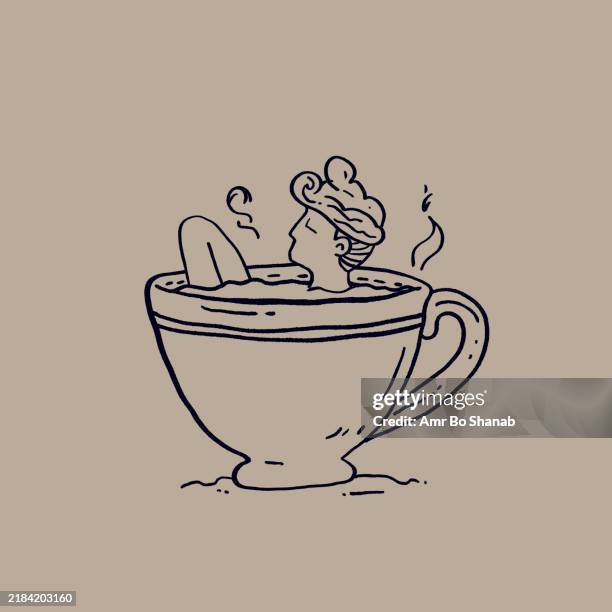 hand-drawn illustration of a woman bathing in a coffee cup with steam rising from the beverage - brown background stock illustrations