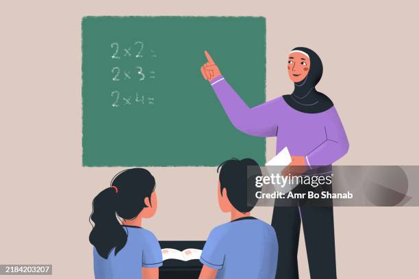 teacher in a hijab giving a math lesson to two attentive students in a classroom - middle eastern student stock illustrations
