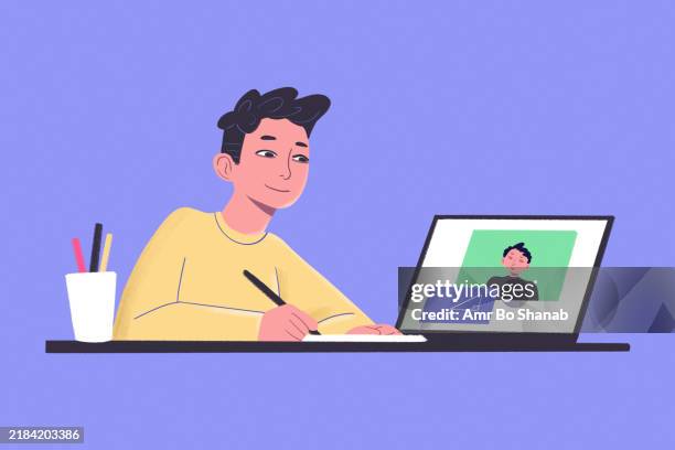 an illustrated young man working on a laptop at a desk with writing tools, smiling gently as he looks at the screen displaying a video call - man on video call stock illustrations