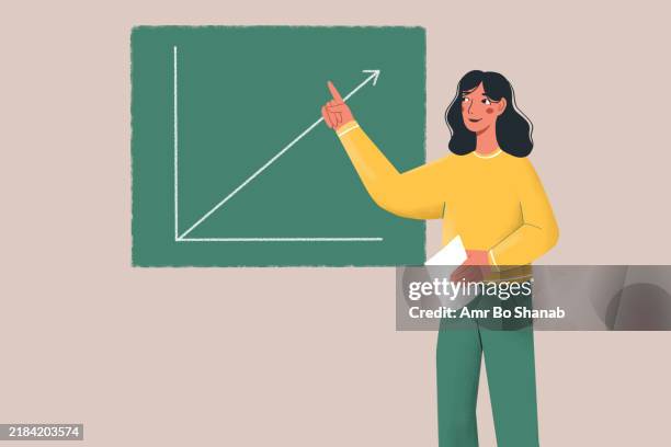 woman presenting a growth chart on a board with a smile - success stock illustrations