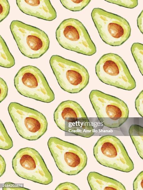 seamless pattern of hand-drawn avocado illustrations on a pastel background - avocado drawing stock illustrations
