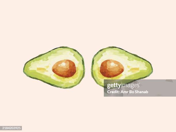 watercolor illustration of two avocado halves with visible pits on a pastel background - art stock illustrations