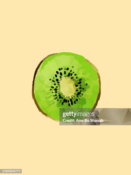 watercolor illustration of a green kiwi fruit slice against a pale yellow background - kiwi fruit stock illustrations