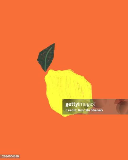 yellow painted fruit with a single green leaf on a vibrant orange background - simplicity stock illustrations