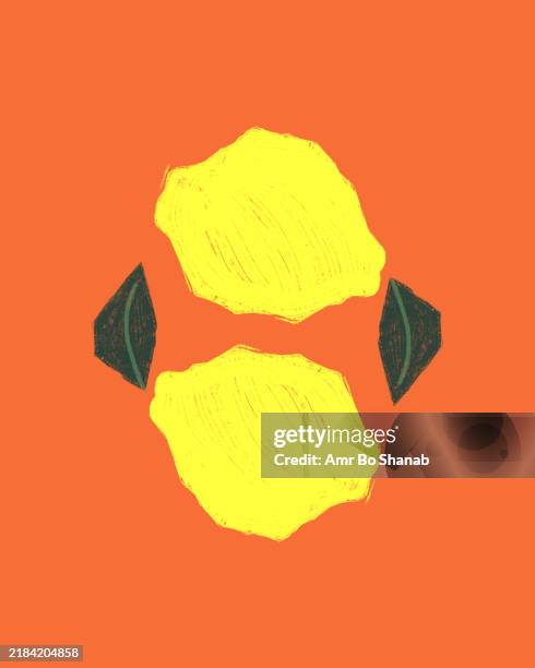 three yellow lemons with green leaves on a vibrant orange background in a symmetric arrangement - sour taste stock illustrations