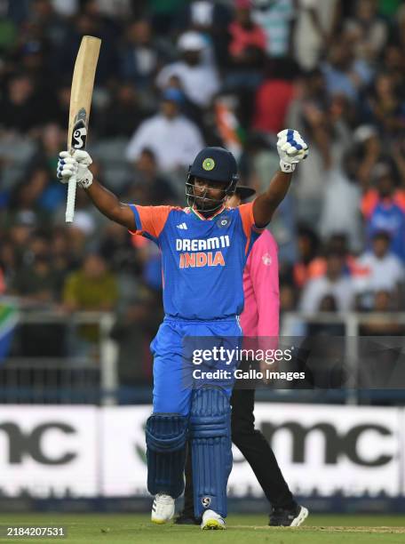 Sanju Samson of India celebrates his 100 runs during the Wonder Cement International Series, 4th T20 match between South Africa and India at DP World...