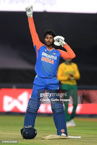 India's Tilak Varma celebrates during the Wonder Cement International Series, 4th T20 match between South Africa and India at DP World Wanderers...