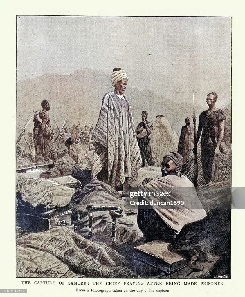 La capture de Samory, un réformateur musulman et chef militaire qui a fondé un puissant royaume dans la région de Kankan en Guinée et a résisté à l’expansion coloniale française à la fin du 19ème siècle, victorien 19ème siècle