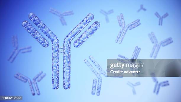 detailed representation of antibodies against a blue background in a scientific illustration, showcasing their structure and function - antibody stock pictures, royalty-free photos & images