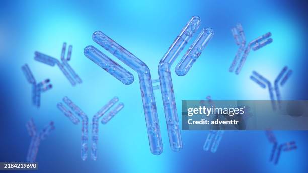 detailed representation of antibodies against a blue background in a scientific illustration, showcasing their structure and function - antigen stock pictures, royalty-free photos & images