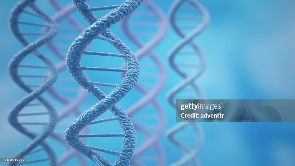 A close-up view of several DNA strands, rendered in 3D, against a dark blue background