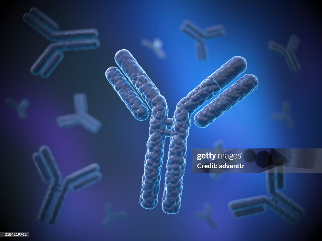 Detailed representation of antibodies against a blue background in a scientific illustration, showcasing their structure and function