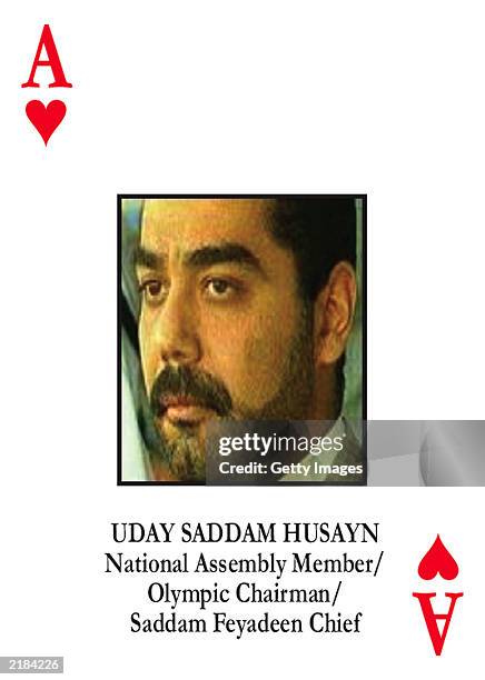 This photo released by the U.S. Department of Defense shows a playing card depicting deposed Iraqi leader Saddam Hussein's son Uday as the Ace of...